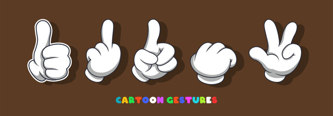 Vector set of cartoon four fingered hands with various gestures. White toon arms collection. Stickers or icons. Isolated dark background