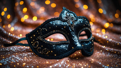 black Venetian mask with over glitter background