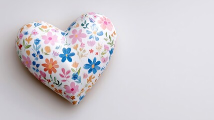 Heart-shaped decorative object with colorful floral patterns rests on a light background, showcasing vibrant flowers in shades of pink, blue, and yellow for artistic or romantic themes