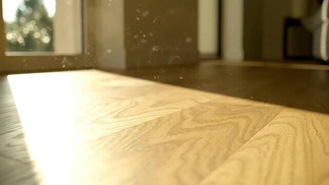 Dust particles floating in sunlight over a wooden floor. Dirty home interior needing spring cleaning and renovation. Indoor air quality and allergy concept