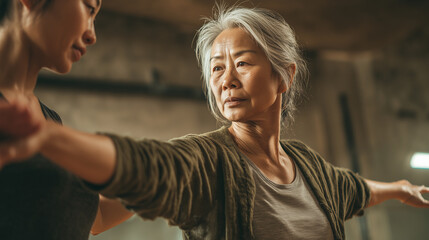 Black personal trainer helping an elderly Japanese client improve balance and stability in a wellness studio. Senior asian woman doing exercises for better health. Healthy lifestyle.