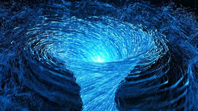 Abstract blue particles rapidly swirling forming a glowing water vortex dynamic motion background concept