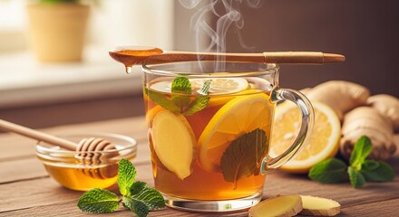 Invigorating ginger and lemon tea in glass with honey and wooden spoon