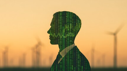 A silhouette of a man with a digital matrix overlay against a backdrop of wind turbines at sunset, symbolizing technology and sustainability.