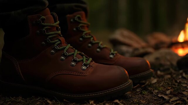 Leather boots near campfire warming up in a forest setting