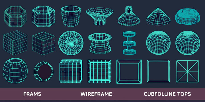 collection of various 3d wireframe and cubfoline top shapes