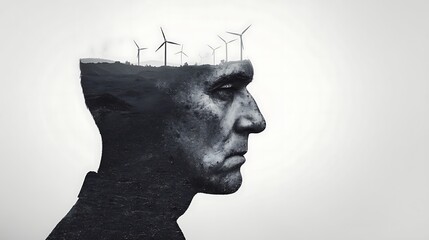 A silhouette of a man with a landscape of wind turbines emerging from his head, symbolizing the connection between thought and sustainable energy.