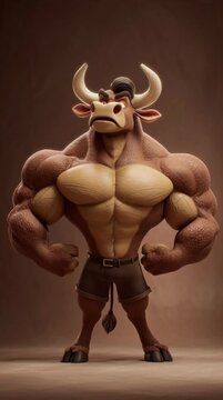 Muscular body builder cartoon bull flexing its muscles on a brown background