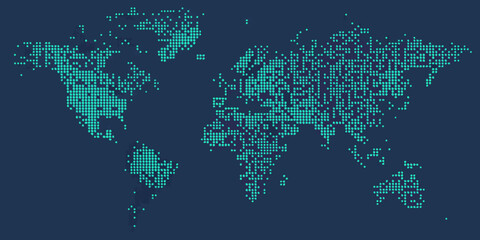 A world map made up of small teal squares on a dark blue background