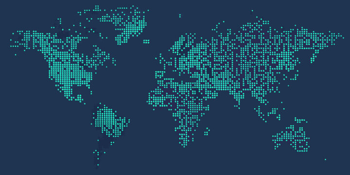 A world map made up of small teal squares on a dark blue background