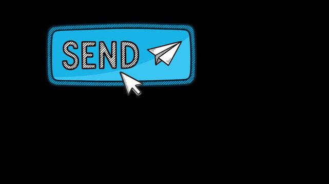 2D animation of a blue doodle send button with a paper plane icon. Includes a computer cursor performing a click action. High-quality video with alpha channel for easy overlay
