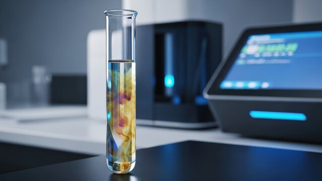 Lipemic serum exhibiting milky cloudiness in a test tube on lab bench with scientific equipment showcases high fat content