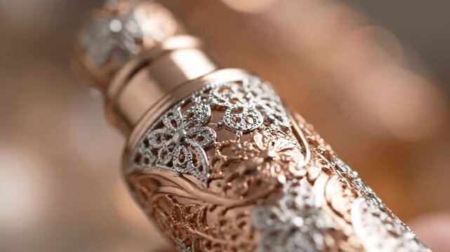 Ornate rose gold perfume bottle with exquisite detailing
