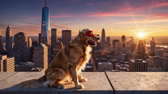 Golden retriever wears a red superhero mask against a sunset city skyline backdrop