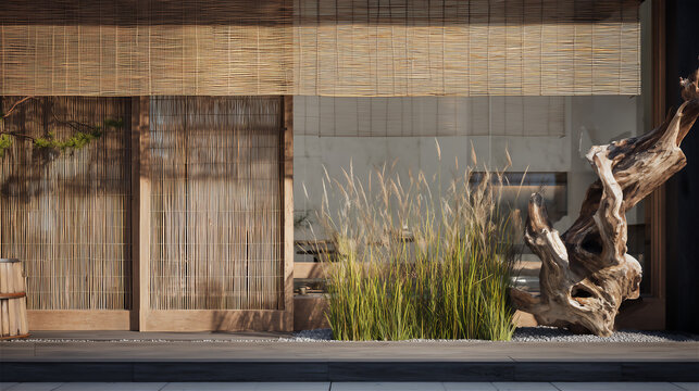和風の庭園と竹垣がある落ち着いた風景の背景