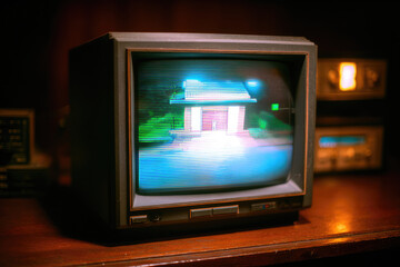 Security camera grainy footage displayed on old television showing blurry building at night with nostalgic retro atmosphere and glowing screen effect