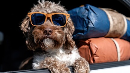 A lovable dog wearing sunglasses leans out of a vehicle, embodying the playful, relaxed spirit of adventure and travel in a cheerful and vibrant atmosphere.