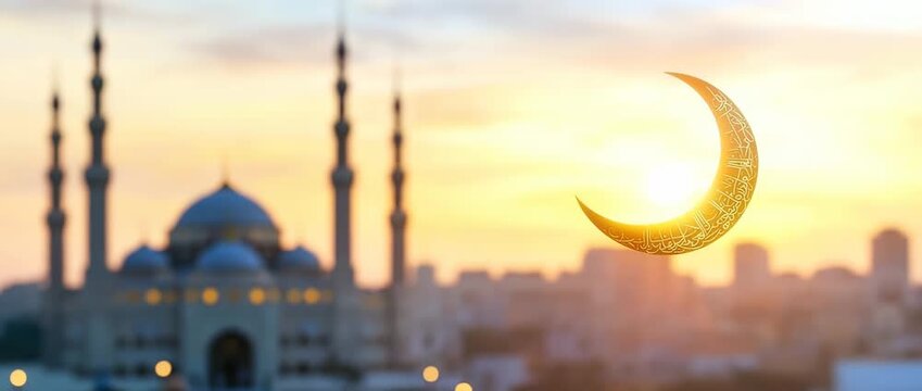 Glowing golden crescent moon with Arabic calligraphy over  blurry sunset mosque silhouette