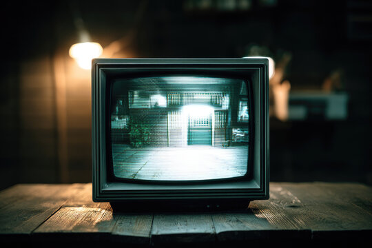 Security camera grainy footage displayed on old television in dimly lit room creates mysterious and nostalgic atmosphere