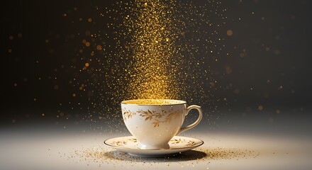 Golden glitter pouring into a white teacup with floral design on a saucer against a dark background with sparkles