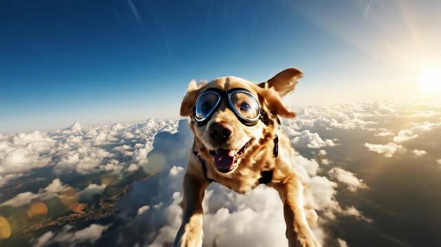 Golden retriever with goggles skydiving over clouds, mouth open, sunshine reflecting, blue sky background