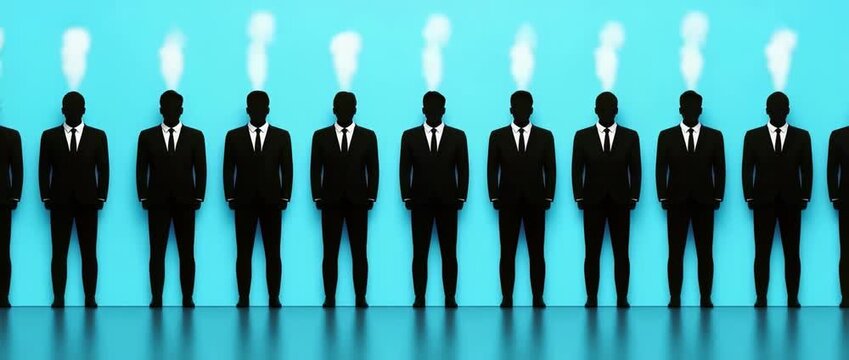 Silhouettes of businessmen in black suits standing in  line against  bright blue wall