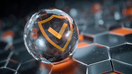 3D shield emblem with check mark signifies network safety. Hexagon pattern and transparent sphere suggest advanced cyber security measures. Data protection affirmed 