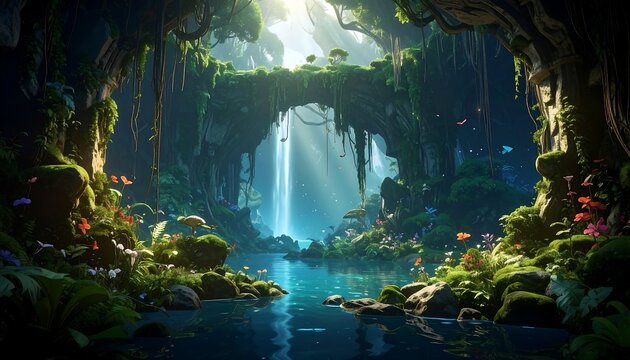 Lush fantasy scene depicts a hidden grotto with a sunlit waterfall cascading into a serene, reflective pool. Overgrowth and flowers abound - Powered by Adobe