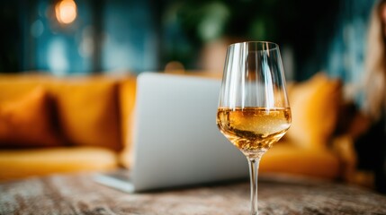 Obraz premium A close-up shot of a glass of sparkling wine on a well-lit table, evoking feelings of comfort and relaxation in a stylish, classy indoor environment.