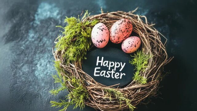 Happy Easter greeting with pink speckled eggs in a rustic bird's nest. Festive spring holiday decoration on a dark textured background. Animated still life with copy space