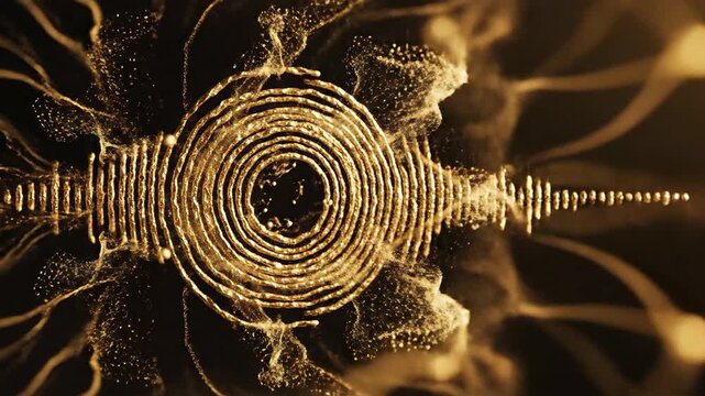 Golden rings and bars emit glowing particles on a black background