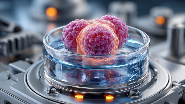 Cancer immunotherapy concept ,Engineered T cells glowing in lab dish advanced cell therapy research medical innovation