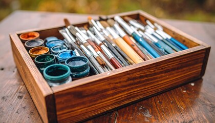 Wooden box filled with paintbrushes of varying sizes and colors, alongside small jars of colorful paints. It rests on a wooden surface