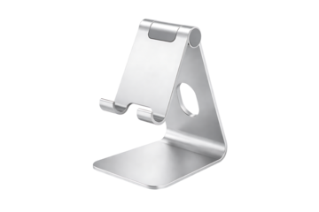Modern Ergonomic Mobile Device Stand in Brushed Aluminum for Tablet and Cellphone Support