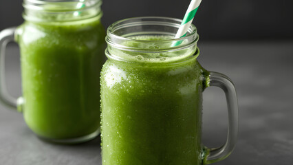 Fresh green smoothies in mason jars with striped straws, perfect for a healthy lifestyle and refreshing drink option.