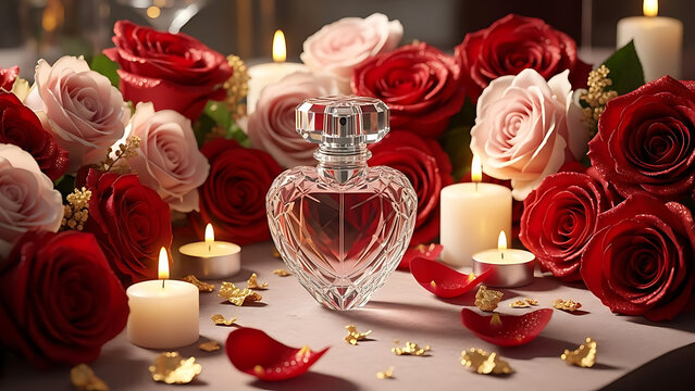 Luxurious heart shaped perfume bottle surrounded by roses and candles on elegant table Ai Generated