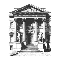 Naklejka premium grand neoclassical building with large columns, statues, and detailed pediment, symbolizing wealth and authority sketch engraving generative ai raster illustration. Scratch board. Black and white.