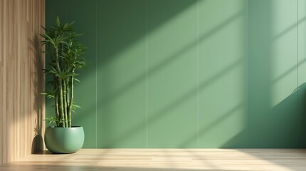 A potted plant sits on a wooden floor in a room with green walls
