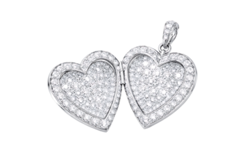Open Double Heart Diamond Locket Pendant in White Gold Isolated on Black Background