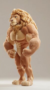 A muscular lion body builder cartoon character standing confidently with a strong pose against a plain background with warm tones.