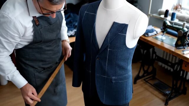 Tailor measuring a blue vest on a mannequin in workshop