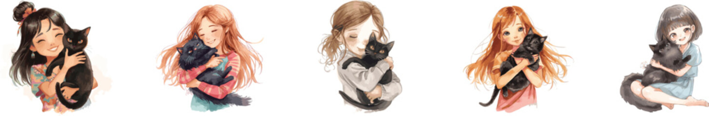 Watercolor set girl holding black cat in arms. Isolated on white background