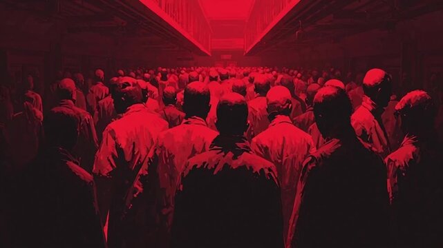 Dense crowd of people in enclosed space with intense red lighting dystopian oppressive atmosphere social control masses concept surveillance conformity cinematic art

