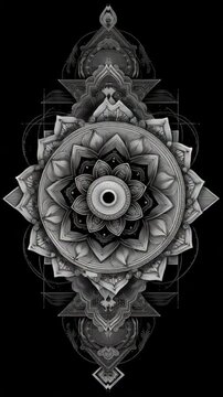 Intricate ornamental mandala in black and white with floral geometric symmetrical patterns decorative spiritual art meditation tattoo design detailed zentangle illustration

