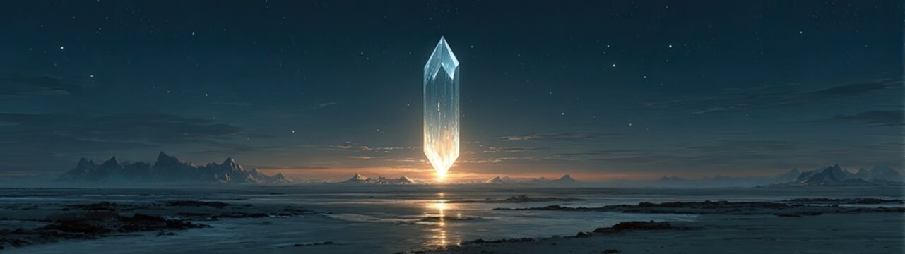 Towering crystal glows brightly under starry sky over desolate icy land. Perfect for fantasy, sci-fi, ancient mysteries, or spiritual journeys.