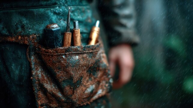 The image focuses on a craftsman's weathered apron featuring tools, symbolizing dedication to craftsmanship and the artistry involved in manual trade work. - Powered by Adobe
