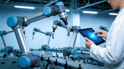 Factory worker operating robotic arms