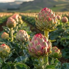 Obraz premium Fresh organic purple artichokes and blooming lotus flowers grow in a lush garden, showcasing raw healthy vegetables and nature's floral beauty in a macro closeup