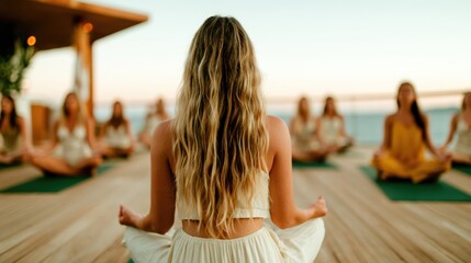 A serene young woman meditating on a rooftop at sunset, embodying tranquility and inner peace amidst a group, emphasizing the beauty of mindfulness and relaxation.