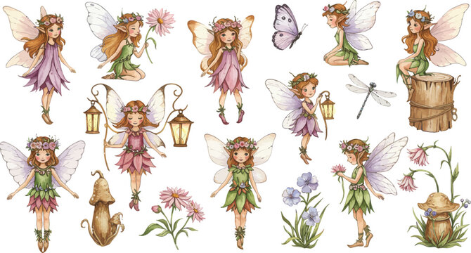 Whimsical illustration of multiple fairies in various poses with flowers and lanterns in a garden setting